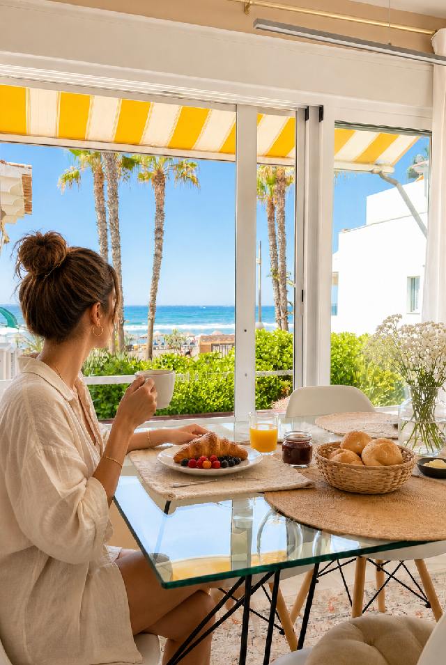 Essbereich mit direktem Blick auf das Meer im Casa Aurora.